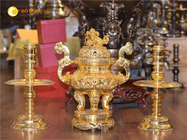 Bộ đỉnh đồng thờ cúng phú quý dát vàng 24k cao 60 cm