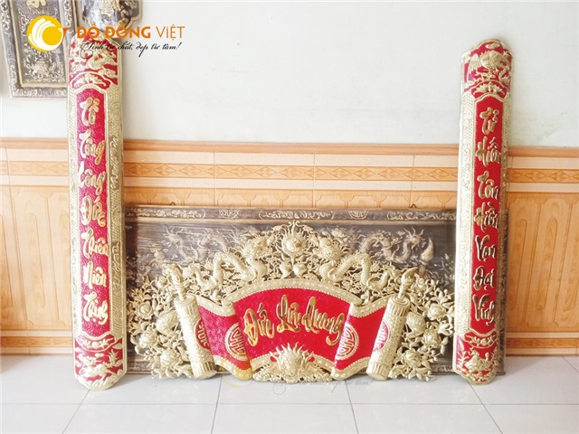 Bộ hoành phi câu đối cho ban thờ 1m76, cuốn thư câu đối nền đỏ 1m76