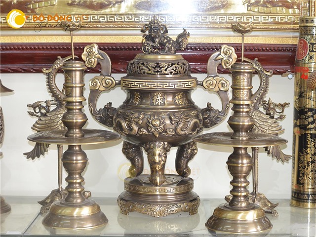 Bộ đỉnh đồng ngũ sự rồng chầu nguyệt KT 70 cm