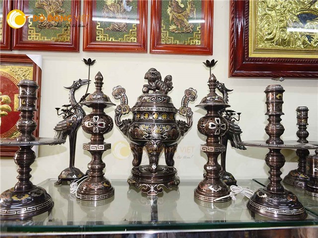 Đỉnh đồng khảm ngũ sắc, bộ đỉnh ngũ sự 5 chữ vàng KT 65 cm