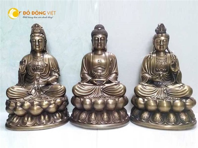 Bộ tượng tam thế Phật bằng đồng vàng hun giả cổ cao 60cm