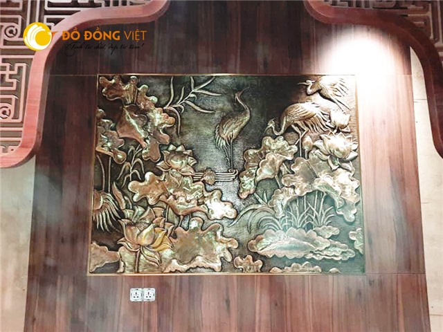 Tranh đồng sen hạc- tranh đồng mỹ nghệ bài trí tư gia