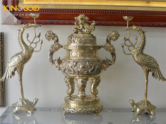 Bộ đỉnh đồng tam sự đỉnh hạc bằng đồng vàng
