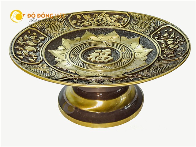 Mâm bồng bằng đồng đỏ hoa sen chữ Phúc