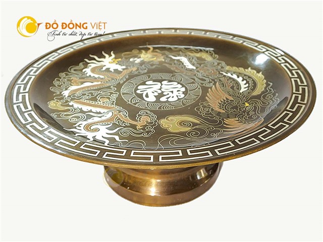 Đồ đồng thờ cúng, mâm bồng bằng đồng đỏ khảm ngũ sắc