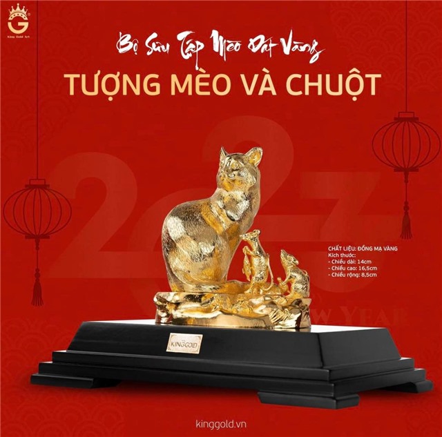 Tượng mèo và chuột bằng đồng mạ vàng 24k cao cấp