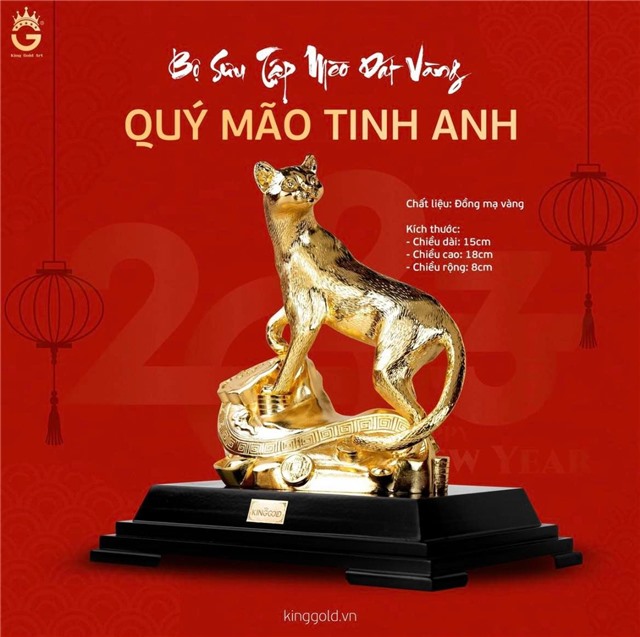 Tượng mèo quý mão tinh anh bằng đồng mạ vàng