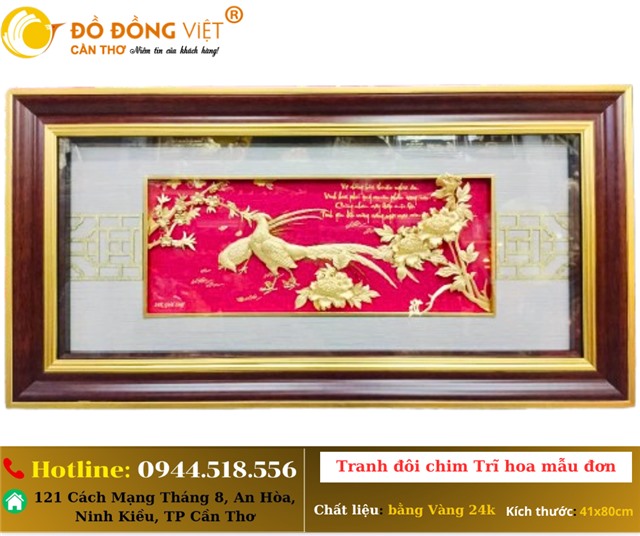 TRANH ĐÔI CHIM TRĨ HOA MẪU ĐƠN BẰNG VÀNG 24K - CHẾ TÁC TINH XẢO, VẬT PHẨM PHONG THỦY ĐỈNH CAO