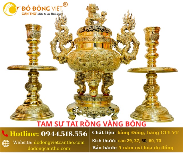 BỘ TAM SỰ TAI RỒNG VÀNG BÓNG – ĐẲNG CẤP, UY NGHI CHO PHÒNG THỜ GIA TIÊN