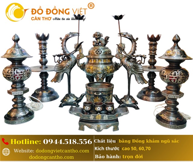 BỘ ĐỒ ĐỒNG THỜ CÚNG KHẢM NGŨ SẮC ĐẦY ĐỦ