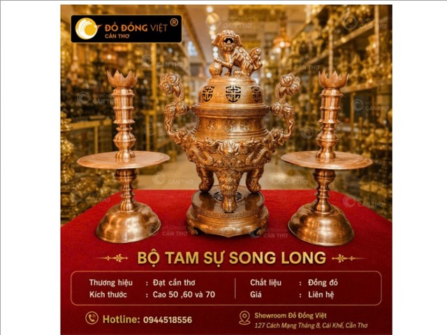 Bộ Tam Sự Song Long Bằng Đồng Đỏ – Vẻ Đẹp Linh Thiêng Cho Không Gian Thờ Cúng