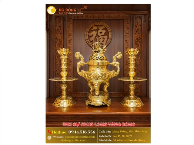 Bộ Tam Sự Song Long Vàng Bóng – Đồ Thờ Đồng Cao Cấp Cho Bàn Thờ Gia Tiên