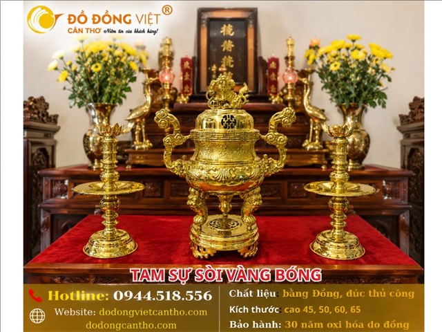 Tam Sự Sòi Vàng Bóng Bằng Đồng – Vẻ Đẹp Sang Trọng Cho Không Gian Thờ Cúng Gia Tiên