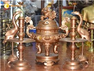 Bộ đỉnh ngũ sự bằng đồng đỏ KT 60 cm