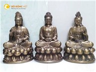 Bộ tượng tam thế Phật bằng đồng vàng hun giả cổ cao 60cm