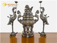 Đỉnh đồng tam sự đỉnh hạc bằng đồng đỏ khảm ngũ sắc